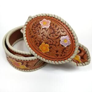 Nocona Floral Tooled Leather Belt - Brown and Cream